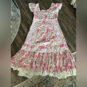 LoveShackFancy Pink Floral Midi Dress